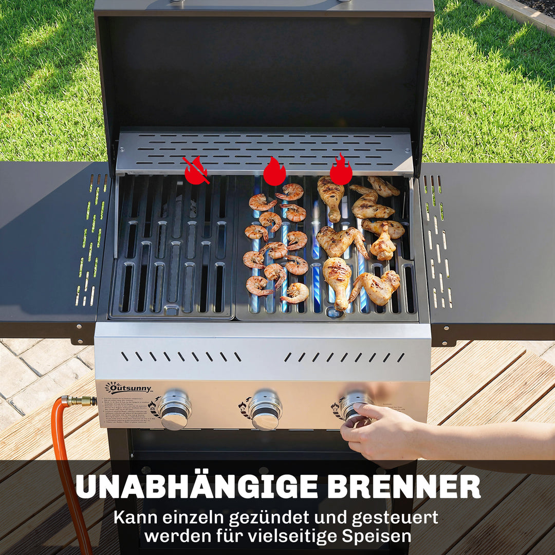 Gasgrill 9 KW 3 brændere BBQ grillvogn rustfrit stål inkl. foldbart sidebord krydderiholder nederste hylde 6 kroge