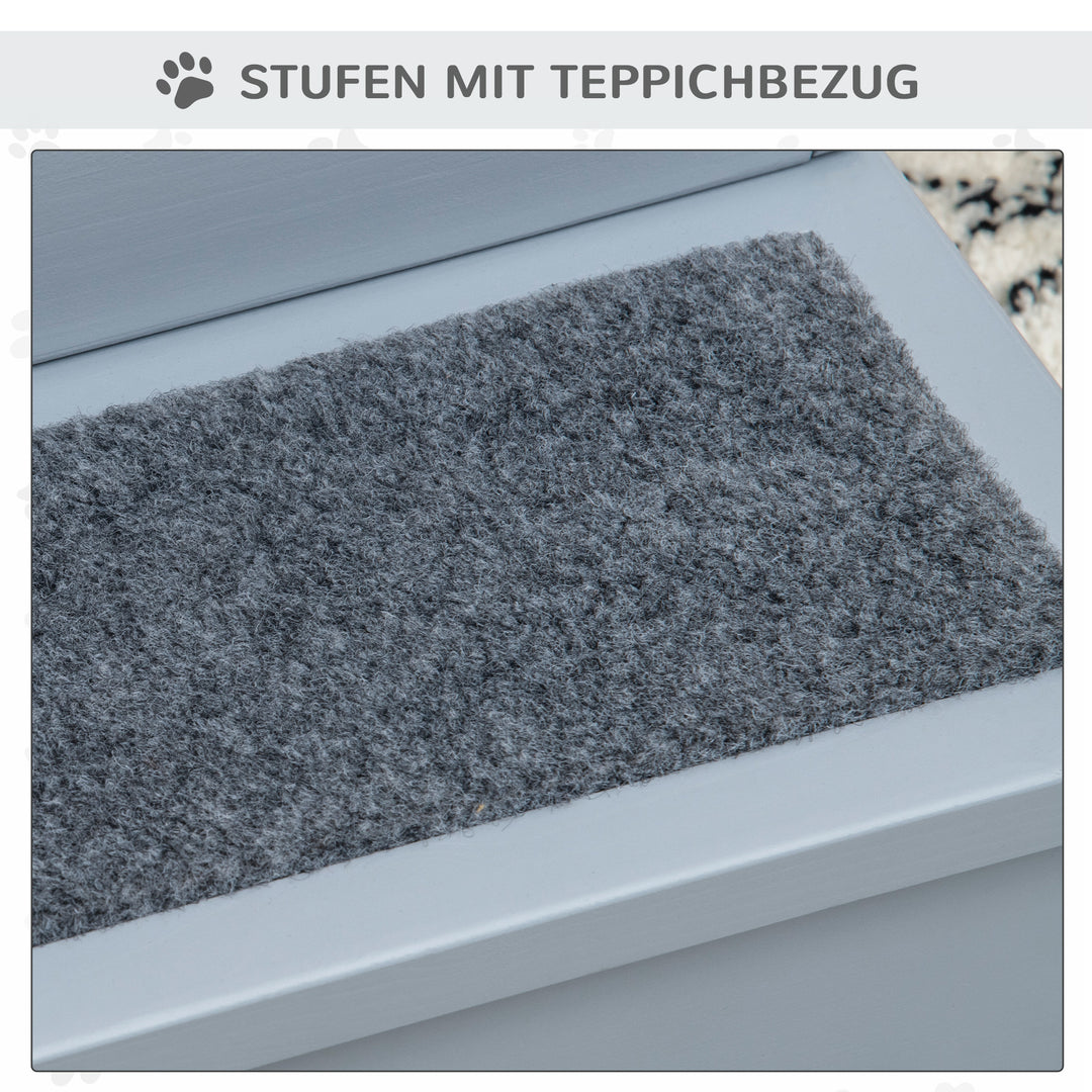 Hundetrappe 3 trin kattetrappe kæledyrstrappe hundetrappe til hunde og katte kæledyrstrappe indgangshjælp med tæppe opbevaringsplads til sovesofa grantræ grå 40,5 x 44,5 x 38 cm