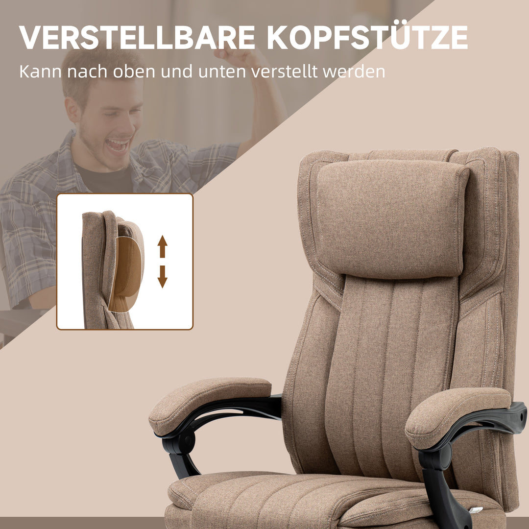 Kontorstol med massagefunktion, ryglæn med justerbar ryglæn, udtrækkelig fodstøtte, linnedlook, 65 x 61 x 118 cm, brun