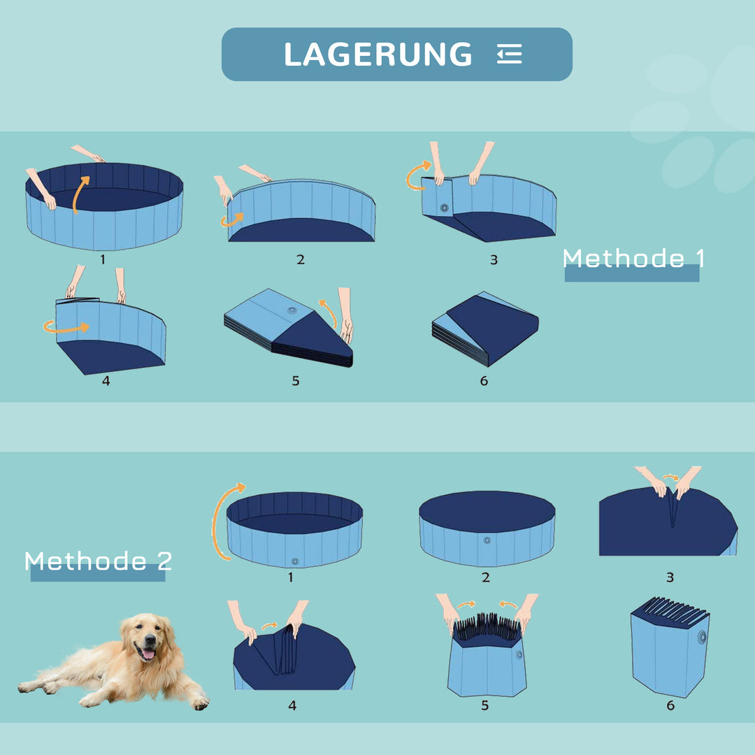 Sammenklappeligt hundebadekar, hundepool, swimmingpool, børnepool, badekar til hunde og katte, vandbassin af plastik og træ, Ø140 x H30 cm, blå