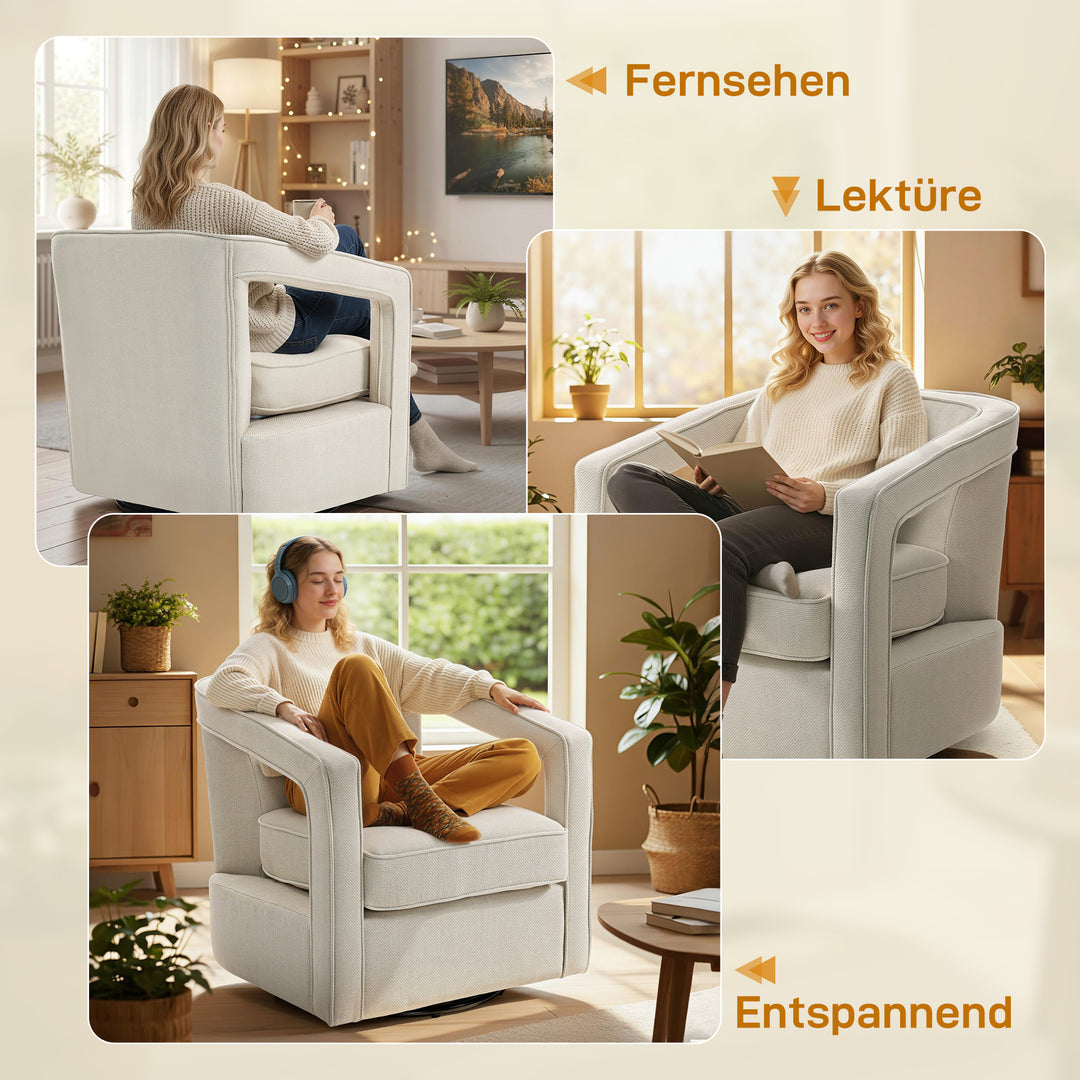 Lænestol til stuen, 360° drejelig loungestol, lænestol med ryglæn og armlæn i ét stykke, 77 x 75 x 72 cm, beige