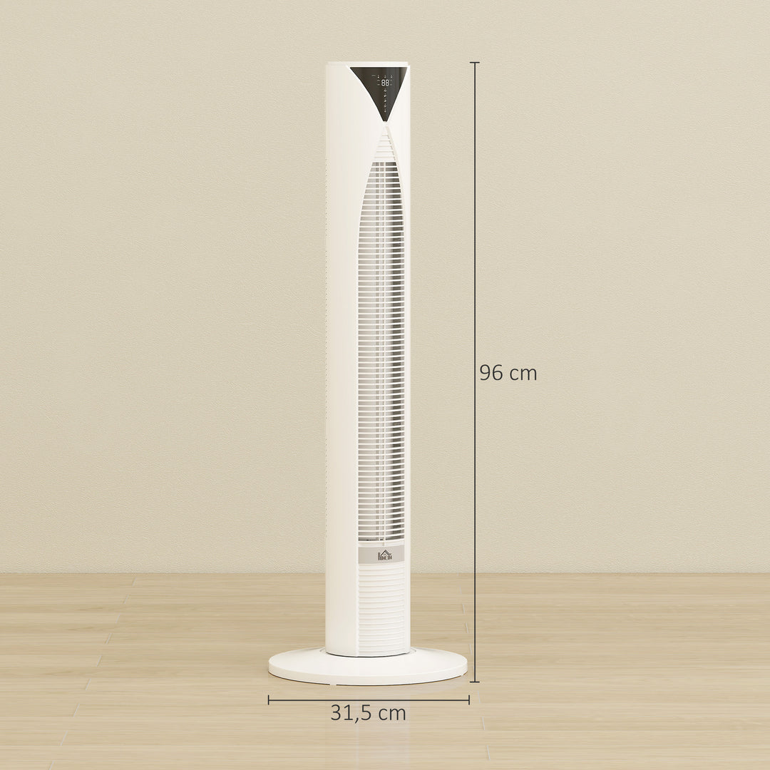 70° oscillerende tårnventilator med fjernbetjening, 4 tilstande, 3 hastigheder, timer, 31,5 x 31,5 x 96 cm, hvid