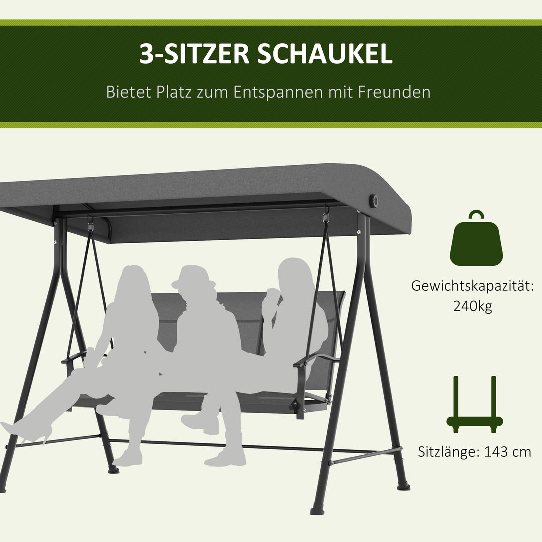 3-personers Hollywood gyngestol, justerbar solsejl, op til 240 kg, mørkegrå, 200 x 133 x 176 cm