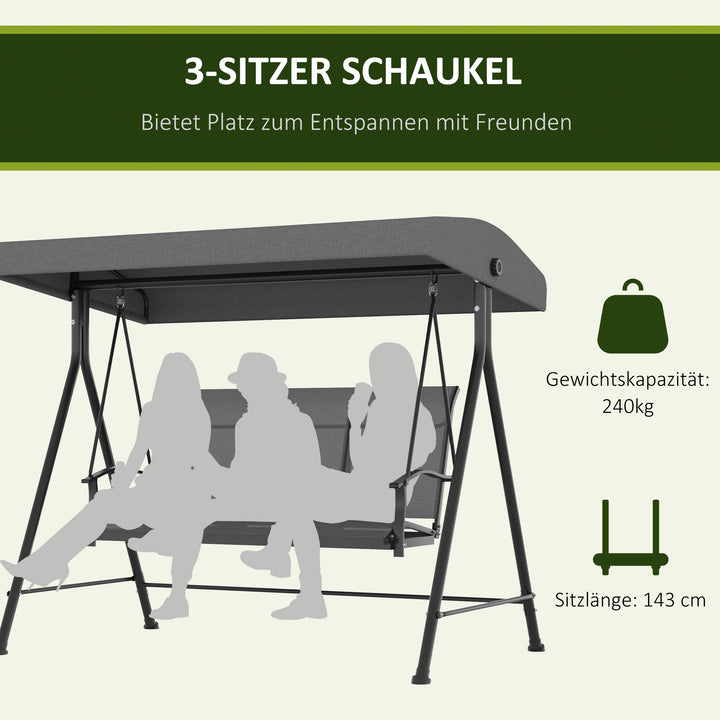 3-personers Hollywood gyngestol, justerbar solsejl, op til 240 kg, mørkegrå, 200 x 133 x 176 cm