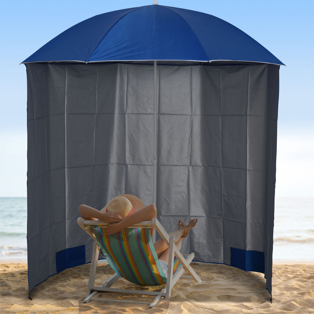 Strandparasol med sidepanel, polyester, blå, 2,2 x H2,2m