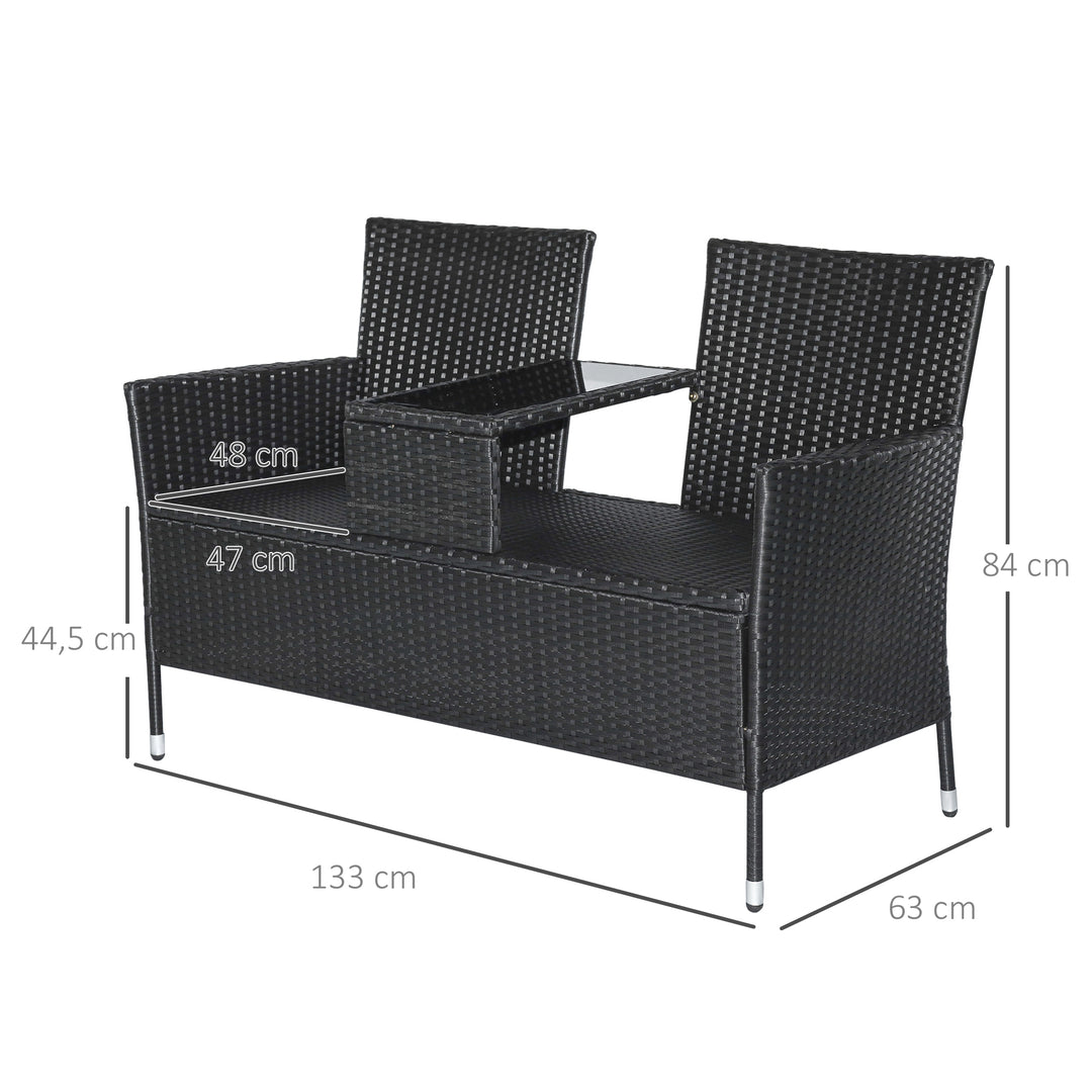 Havebænk polyrattan 2-personers uv-bestandig bænk med bordhynde ryglæn havemøbler parkbænk op til 240 kg lasteevne balkonbænk til haveterrasse balkon 133x63x84cm, sort