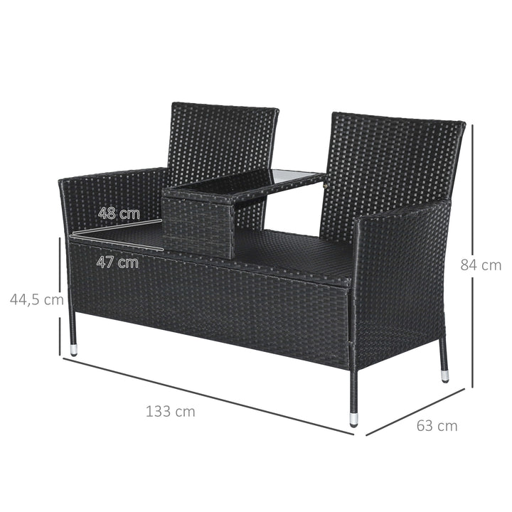 Havebænk polyrattan 2-personers uv-bestandig bænk med bordhynde ryglæn havemøbler parkbænk op til 240 kg lasteevne balkonbænk til haveterrasse balkon 133x63x84cm, sort