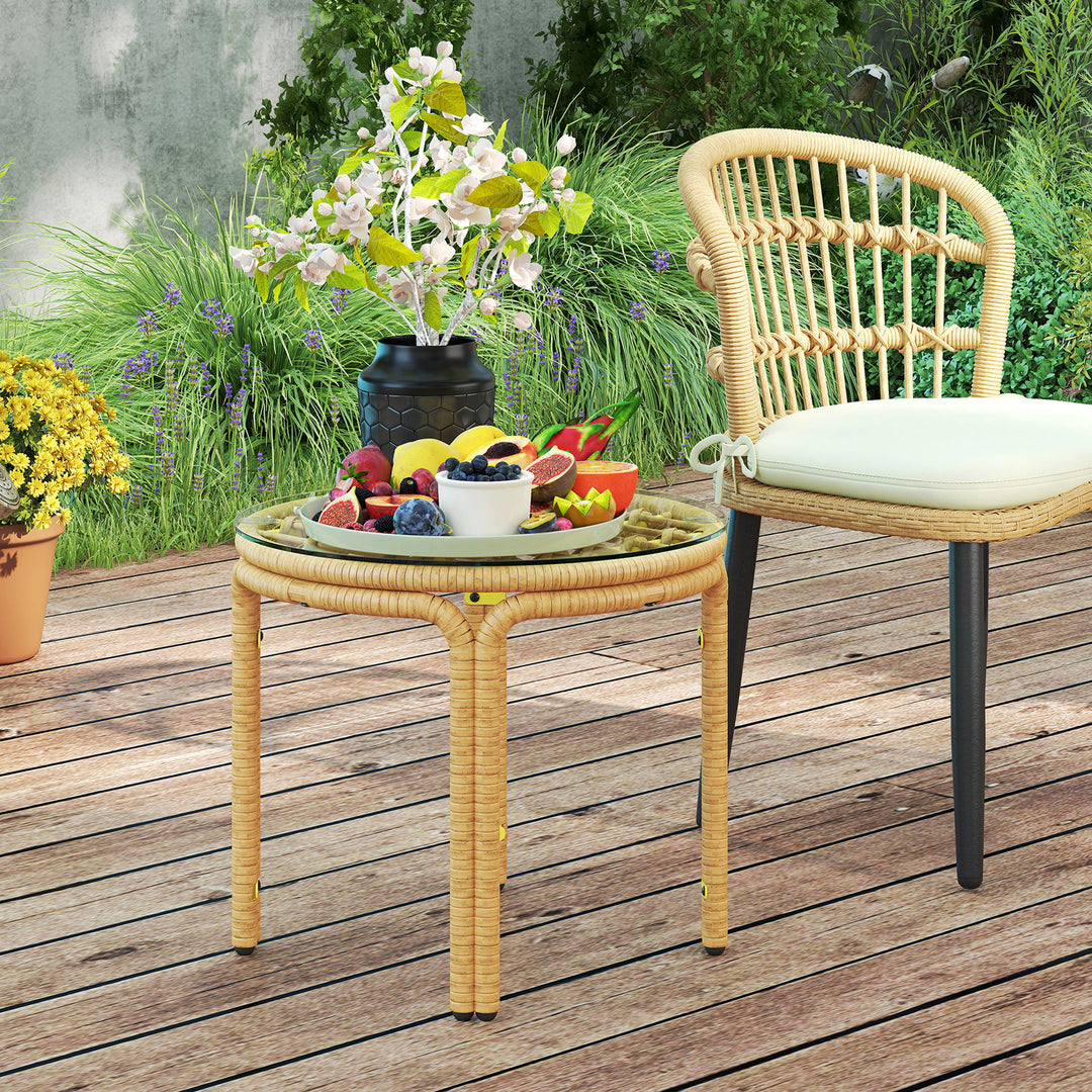 Sidebord lavet af polyrattan rundt sofabord med glasbordplade natbord ø50 cm gul