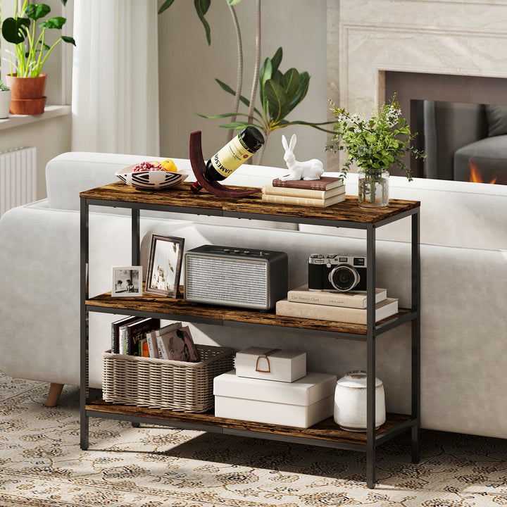 Konsolbord, sidebord med 3-lags hylde, spånplade, metal, lysebrun