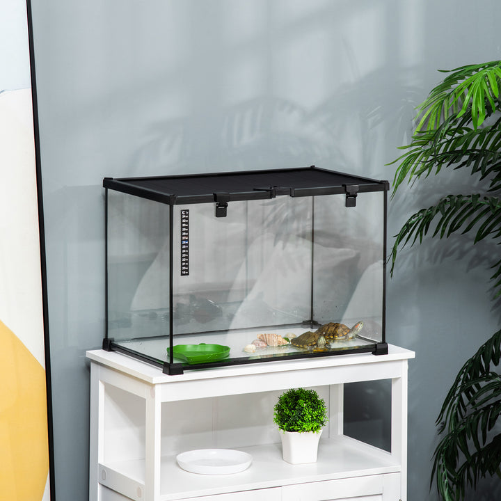 Terrarium til krybdyr, foderkasse til krybdyr, glasterrarium, padder, spindlere med termometer, krybdyravlskasse, metal, sort 50 x 30 x 35 cm
