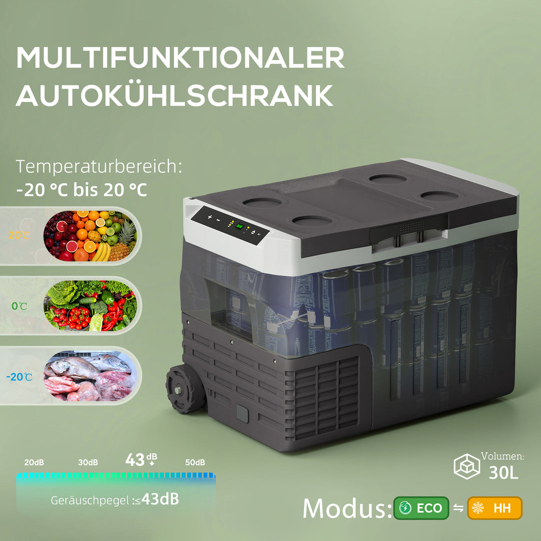 30 liters kompressorkøleboks, elektrisk køleboks med LED, ECO-tilstand, tilslutning, kølefunktion, sort