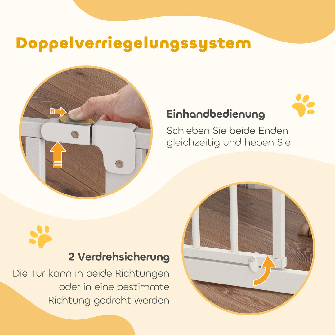 Hundesikkerhedsgitter, barrieregitter, tovejsåbning, vægbeslag med trykknapper, justerbar fra 75 cm til 95 cm, hvid