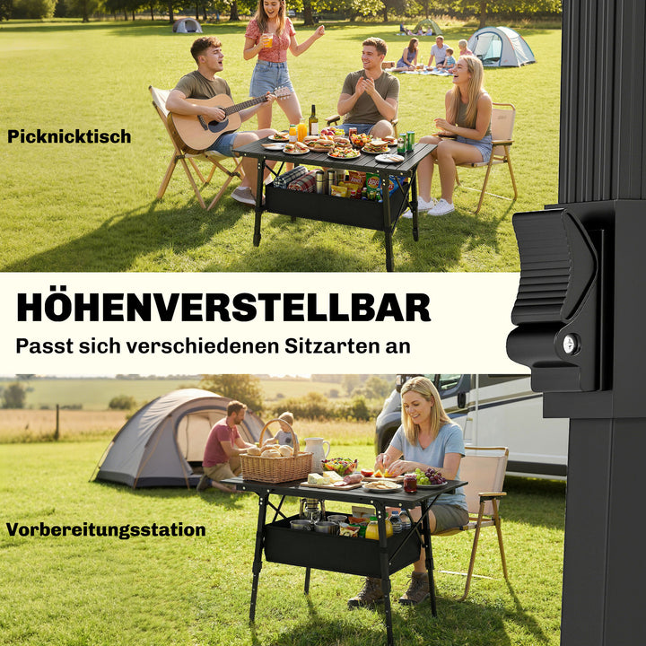 Campingbord med opbevaringskurv, højdejusterbar, foldbar, aluminium, sort
