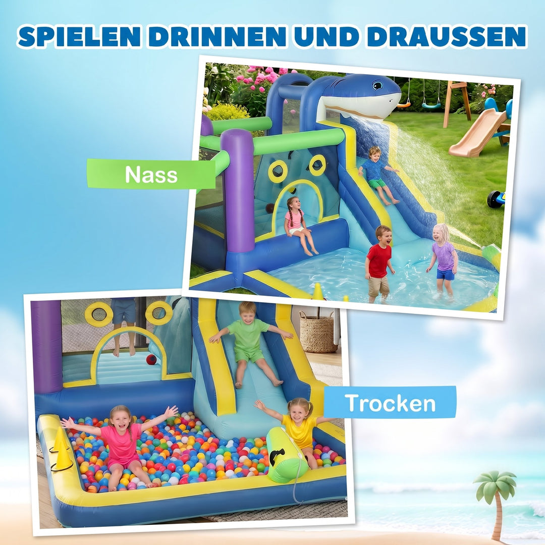 8-i-1 oppustelig hoppeborg med hajdesign, blæser, rutsjebane, børnebassin og trampolin til alderen 3-8, 405x345x235cm, flerfarvet