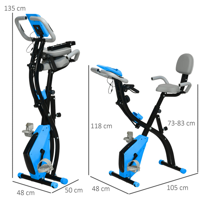 2-i-1 motionscykel med LCD-display, justerbar pulsmåler, sæde og hjul; foldbar motionscykel med 8 niveauer af magnetisk modstand, spændekabel og stålstel.