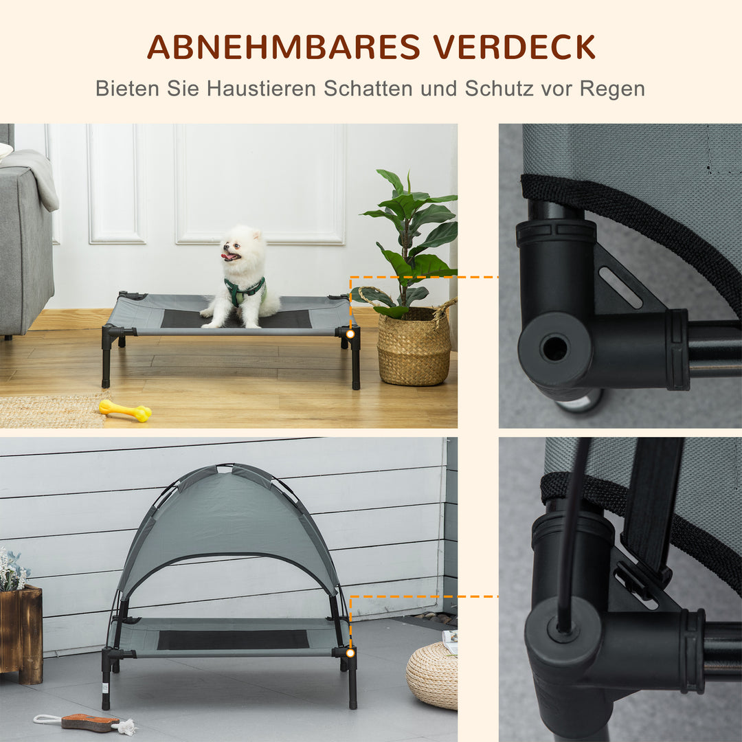 Forhøjet hundeseng med baldakin, kæledyrsseng, udendørs hundeseng med tag, åndbar, taffetastof til camping, grå, 76 x 61 x 73 cm