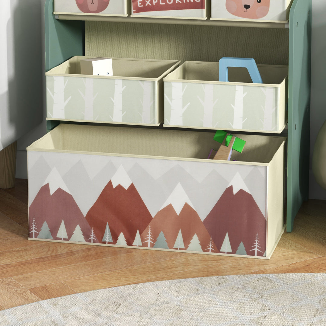 Zonekiz børnegarderobe med 6 stofkasser, sødt motiv, 63x30x66 cm, grøn