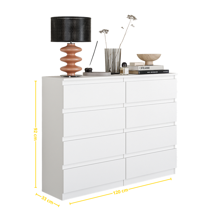 GABRIEL – kommode / sideboard med 8 skuffer – mat hvid – H92 cm B120 cm D33 cm