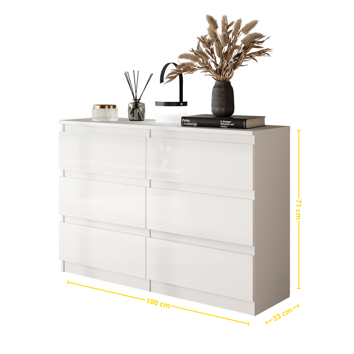 GABRIEL – kommode med 6 skuffer – mat hvid – H71 cm B100 cm D33 cm