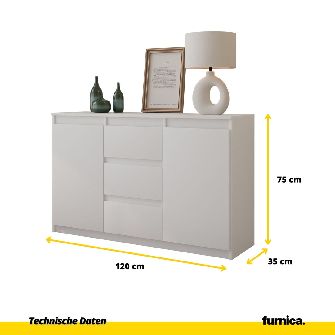 MIKEL - Kommode med 3 skuffer - mat hvid H75cm B120cm D35cm