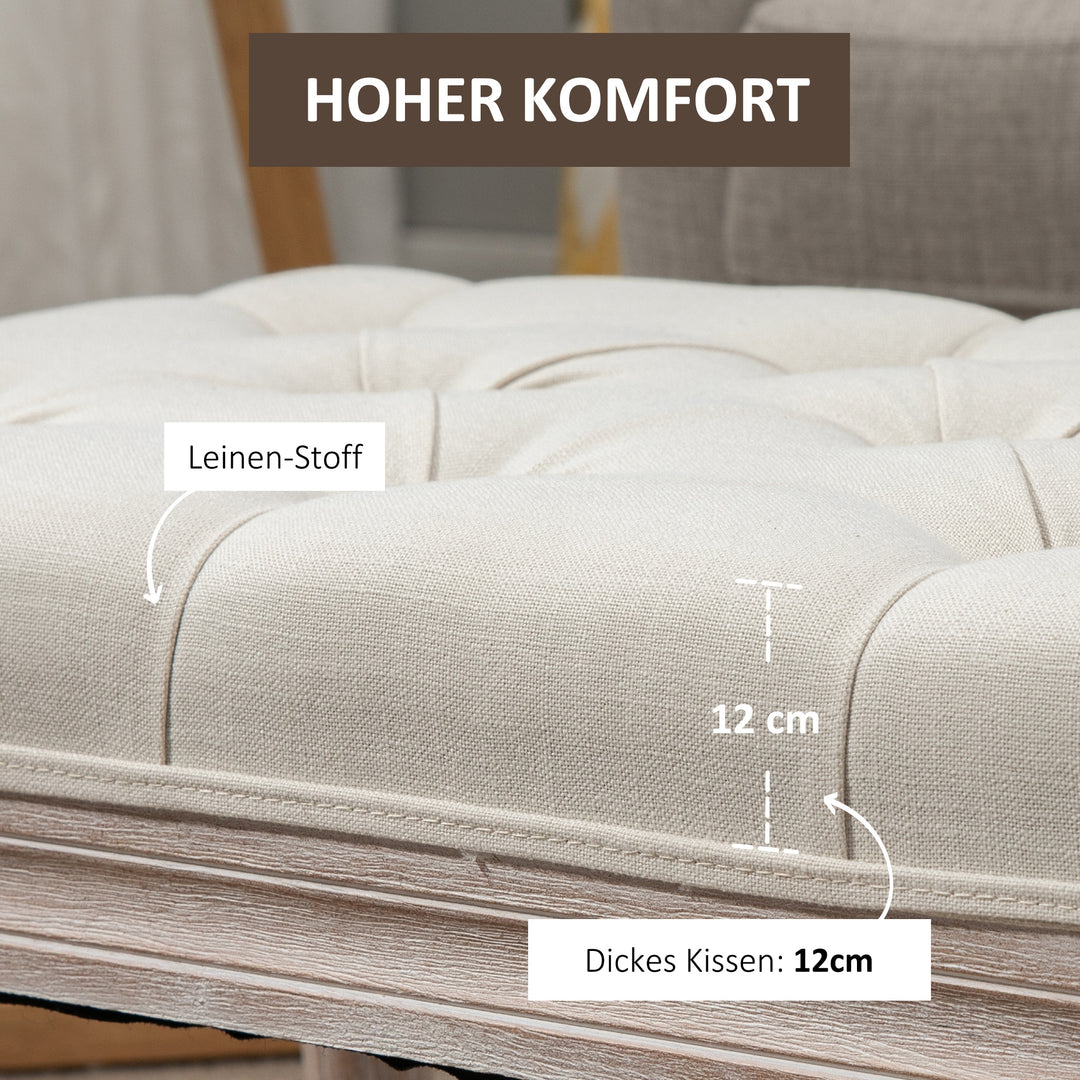 Polstret skammel, polstret bænk, fodskammel, træ og stof med hørlook, 80l x 40b x 43h cm, cremehvid