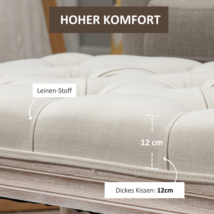 Polstret skammel, polstret bænk, fodskammel, træ og stof med hørlook, 80l x 40b x 43h cm, cremehvid