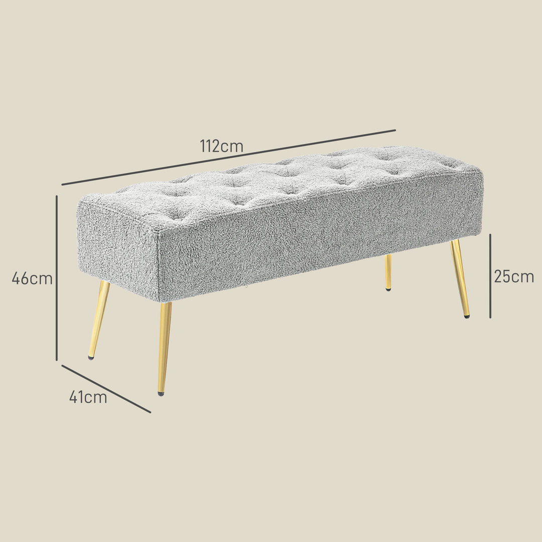 Sengebænk, siddebænk, blødt lammeuldsbetræk, op til 120 kg, forgyldte stålben, 112 x 41 x 46 cm, grå