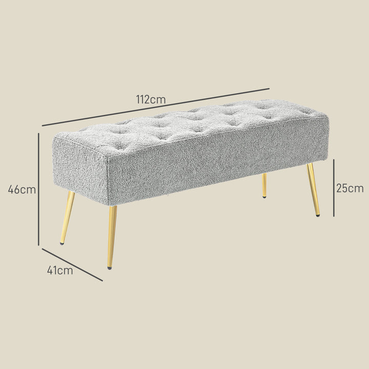 Sengebænk, siddebænk, blødt lammeuldsbetræk, op til 120 kg, forgyldte stålben, 112 x 41 x 46 cm, grå
