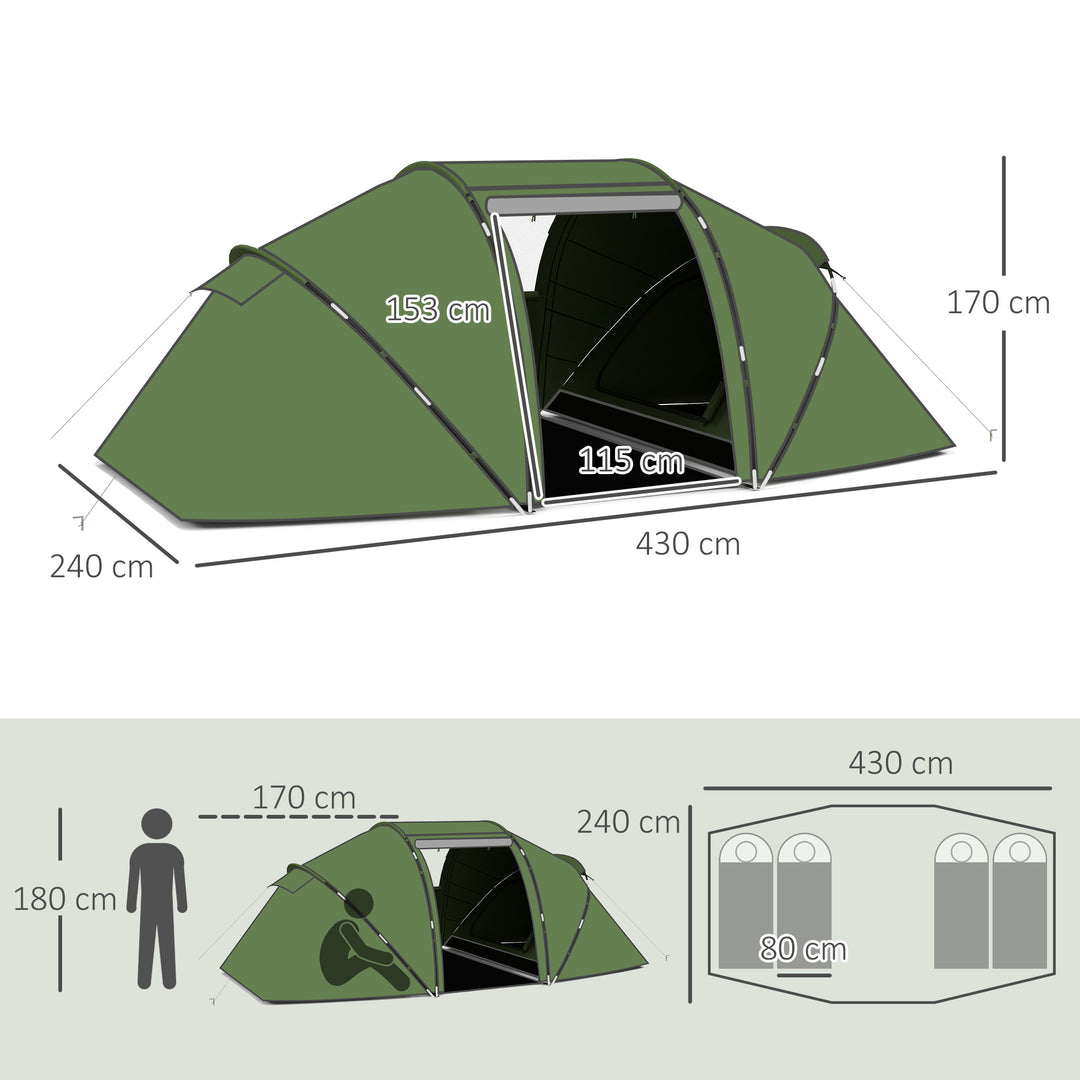 Tunneltelt til 4-6 personer, campingtelt med dør, bund, 2000 mm vandtæt, grøn
