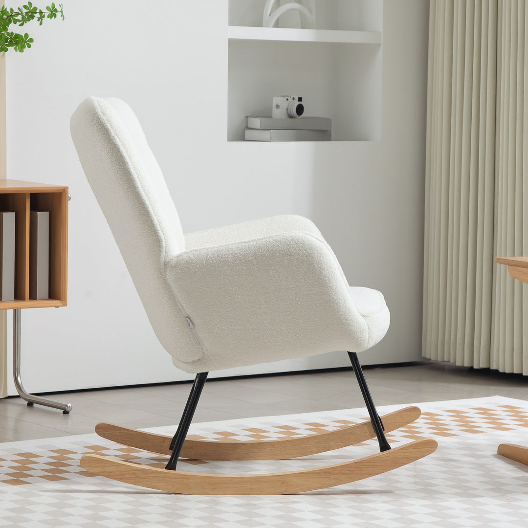 Gyngestol i fleece-look med armlæn, ergonomisk lænestol med træbase, til stue, soveværelse, hvid