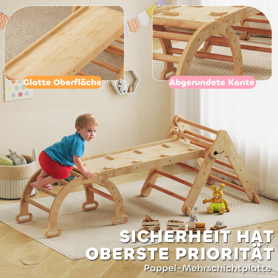 7-i-1 klatrestativ, buet stige, trekantet stige, rampe, klatrevæg, rutsjebane, til børn i alderen 1,5-4 år, foldbar, træ