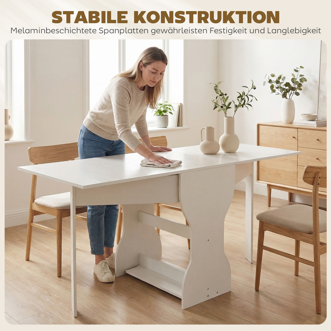 Klapbart spisebord, køkkenbord med opbevaring til 2-4 personer, klapbord til små rum, spisestue, 160 x 60 x 75 cm, hvid
