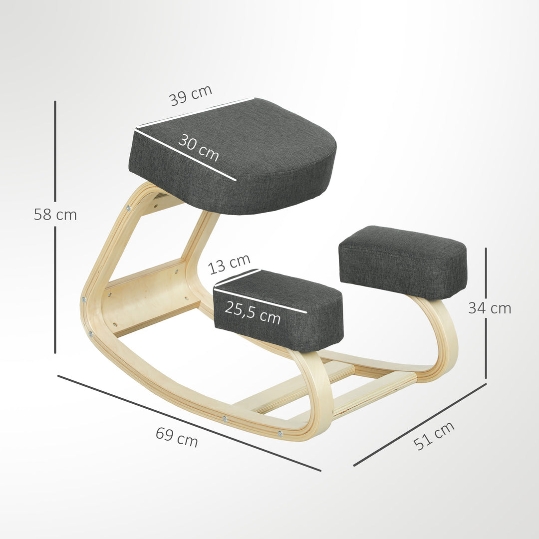 Knælestol, ergonomisk skammel, polstret skammel for en sund kropsholdning, birketræ, 120 kg lasteevne, mørkegrå