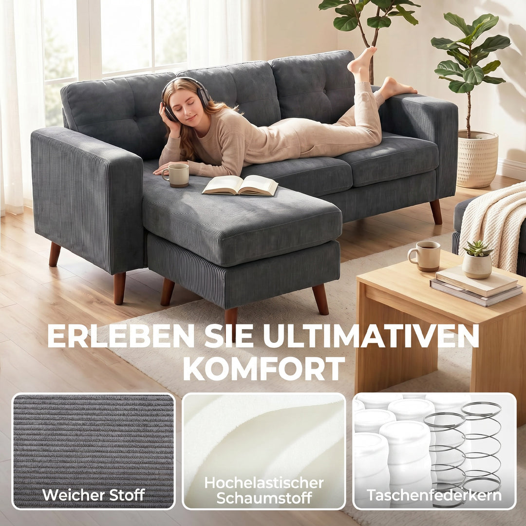 Hjørnesofa 192 cm L-formet 3-personers sofa med vendbar chaiselong, corduroy-look, til små rum, mørkegrå