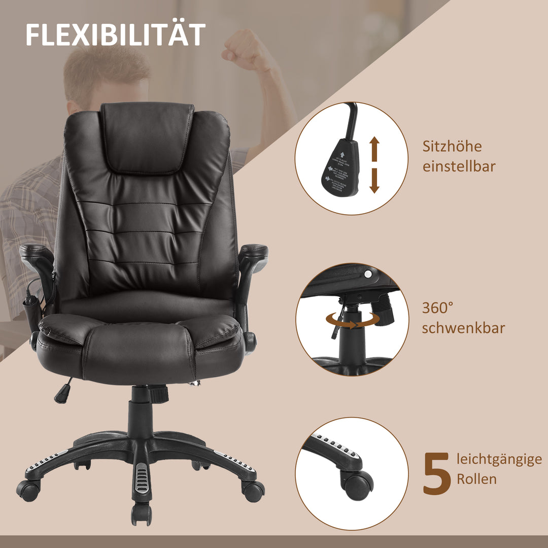 Massagestol kontorstol executivestol gamingstol 6-punkts vibrationsmassage med varmefunktion kunstlæder drejelig læderstol (brun)