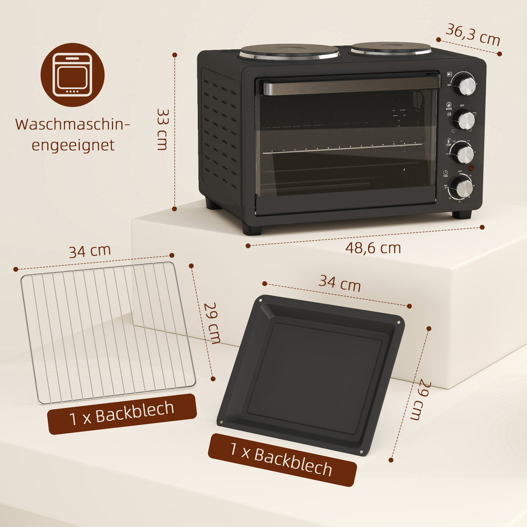 28 L brødristerovn, kompakt ovn til madlavning og grillning, elektrisk ovn med bageplade, grillrist, 2600w, sort