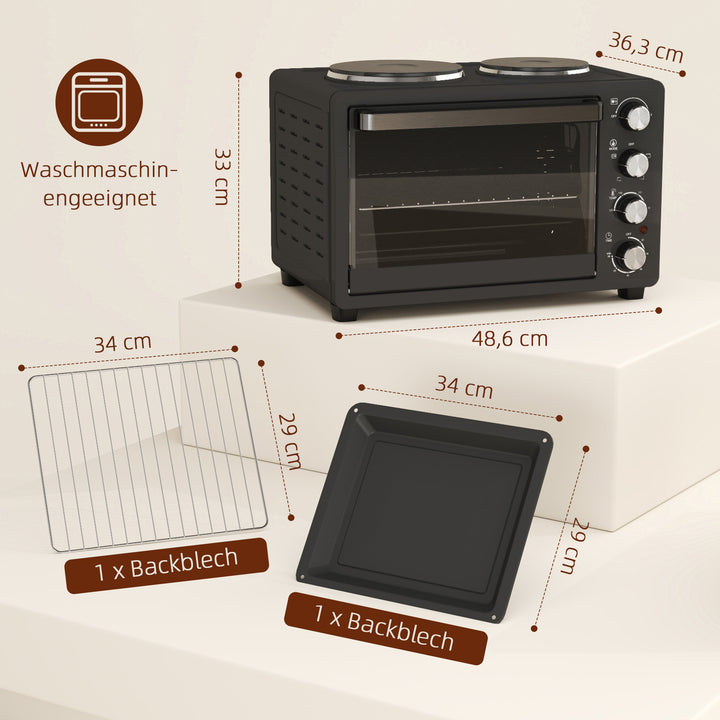 28 L brødristerovn, kompakt ovn til madlavning og grillning, elektrisk ovn med bageplade, grillrist, 2600w, sort