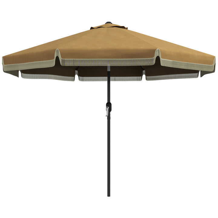 Parasol med frynset dekoration, Ø265 cm, vipbar, todelt metalstang, vindventil, khaki/sort
