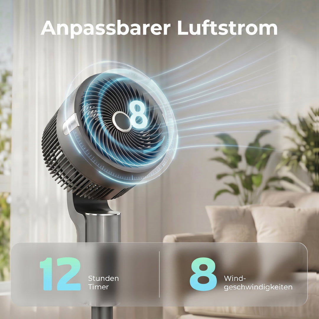 Sokkelventilator, luftcirkulator, ventilator med 8 hastighedsindstillinger, LED-display, fjernbetjening, timer, 90° oscillation, grå