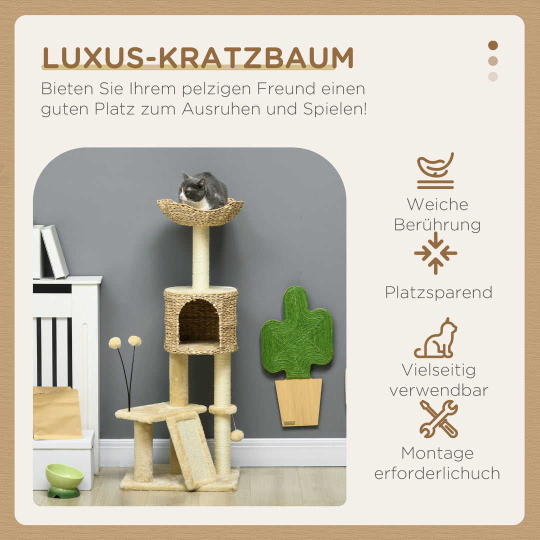 Kradsetræ med kattehule, liggeplatform, legebold, 45x40x116 cm, brun/beige