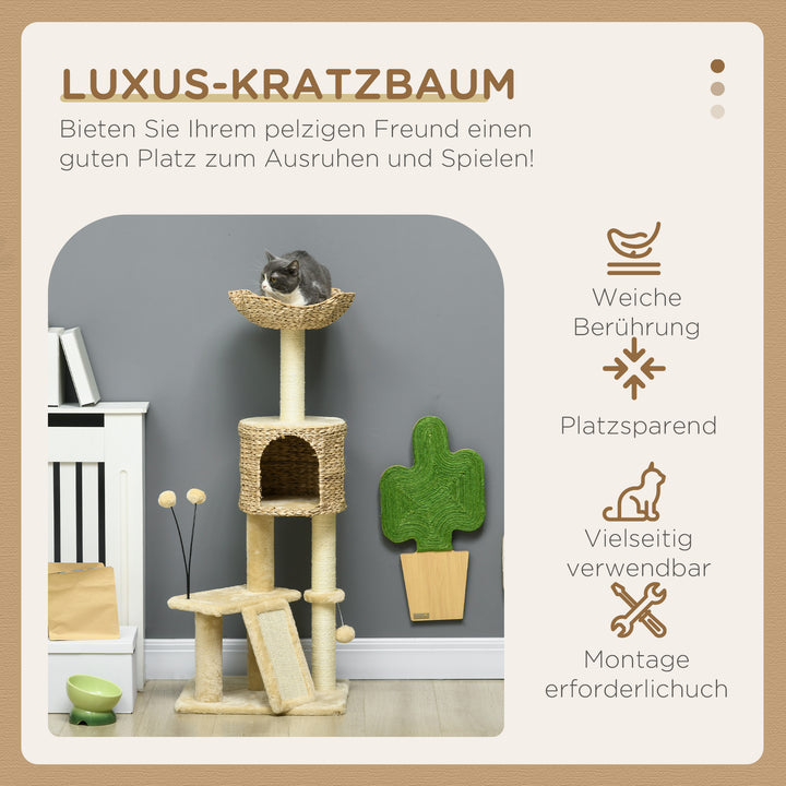 Kradsetræ med kattehule, liggeplatform, legebold, 45x40x116 cm, brun/beige