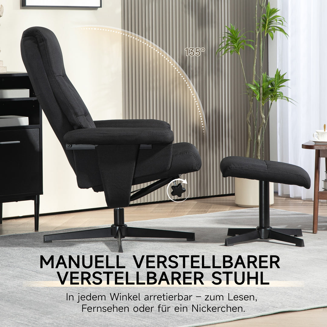 Hvilestol med fodskammel, drejefunktion, vippefunktion, fløjlslook, op til 150 kg, sort