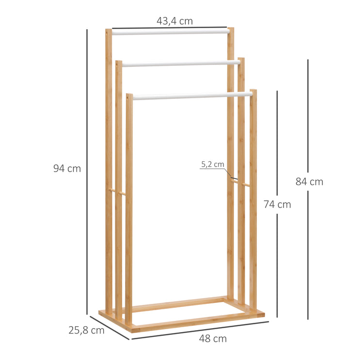 Håndklædestativ i bambus. 3-delt design, 3 håndklædestænger, 48 cm x 25,8 cm x 94 cm, naturfarvet + hvid