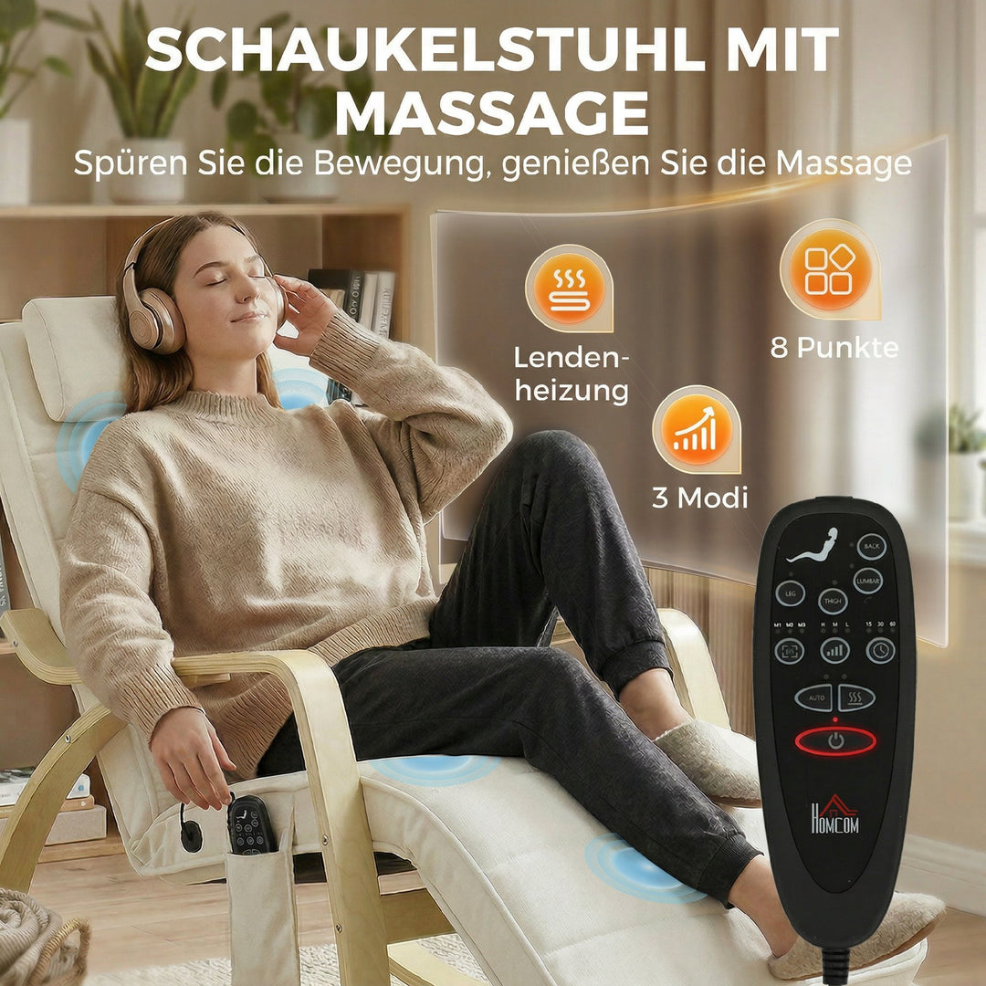 Gyngestol med massagefunktion, varme, nakke- og fodstøtte, fløjlsbetræk, lænestol, cremehvid
