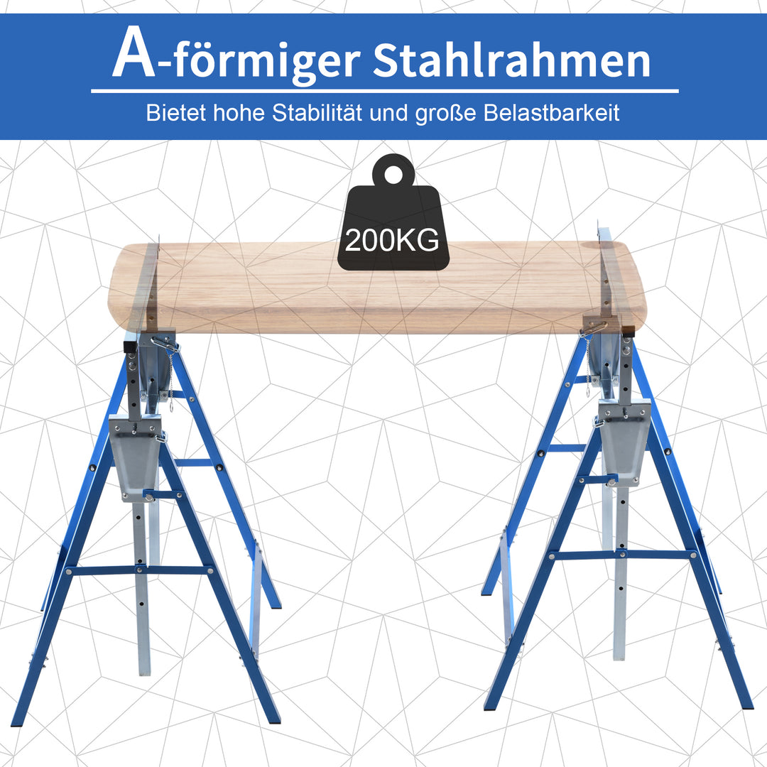 2 X stilladsbukke, foldbar bukke, højdejusterbar op til 200 kg, stålblå, 68 x 58 x 80-130 cm