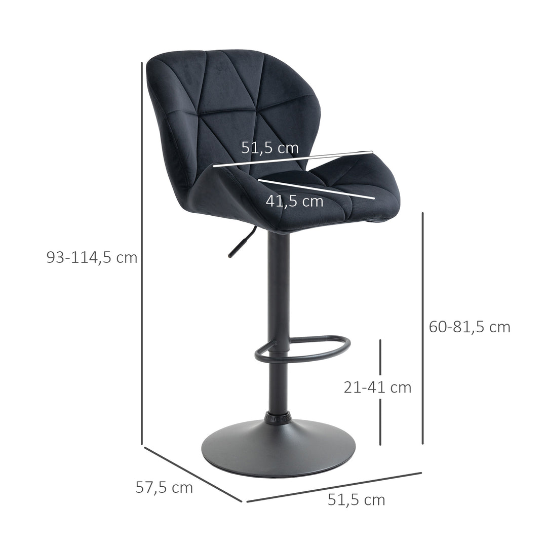 Sæt med 2 barstole, drejestole med ryglæn, højdejusterbar bistroskammel, barskammel, fløjlsberøring, armløs, skum, sort, 51,5 x 57,5 x 93-114,5 cm