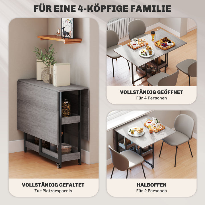 Klappeligt spisebord i industrielt design, til op til 4 personer, åbne hylder, fleksibelt, metal, spånplade, grå