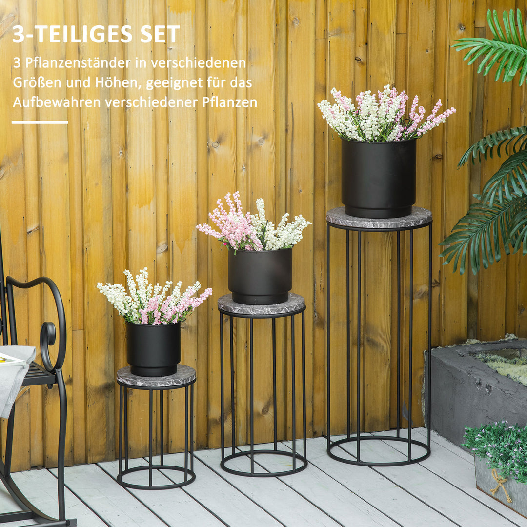 Sæt med 3 metalblomsterstativer, plantestativer i marmorlook, stabelbare blomsterpotteholdere, sort og grå