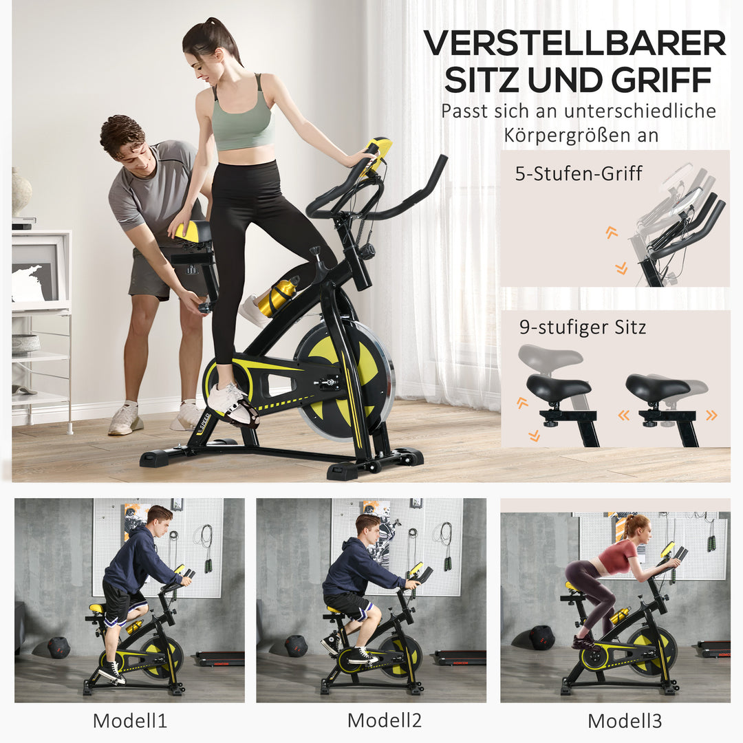 Motionscykel, stille, justerbar modstand, pulsmåler, monitor, gul