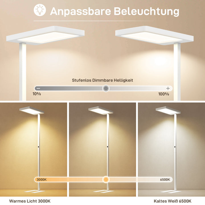 LED-gulvlampe, øjenvenligt lys, gulvlampe med fjernbetjening, justerbar lysstyrke, plastik, metal, hvid